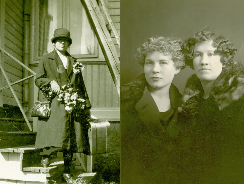 Suomalaisia siirtolaisia. Yhdessä kuva nainen Suomessa ja toisessa kuvassa nainen on USA:ssa ystävättärensä kanssa. Två bilder på emigranter. På den ena bilden är kvinnan i Finland och på den andra i USA tillsammans med en väninna. Two picutres of emigrants. In the first picture the emigrant is pictured in Finland and other in USA together with a friend.